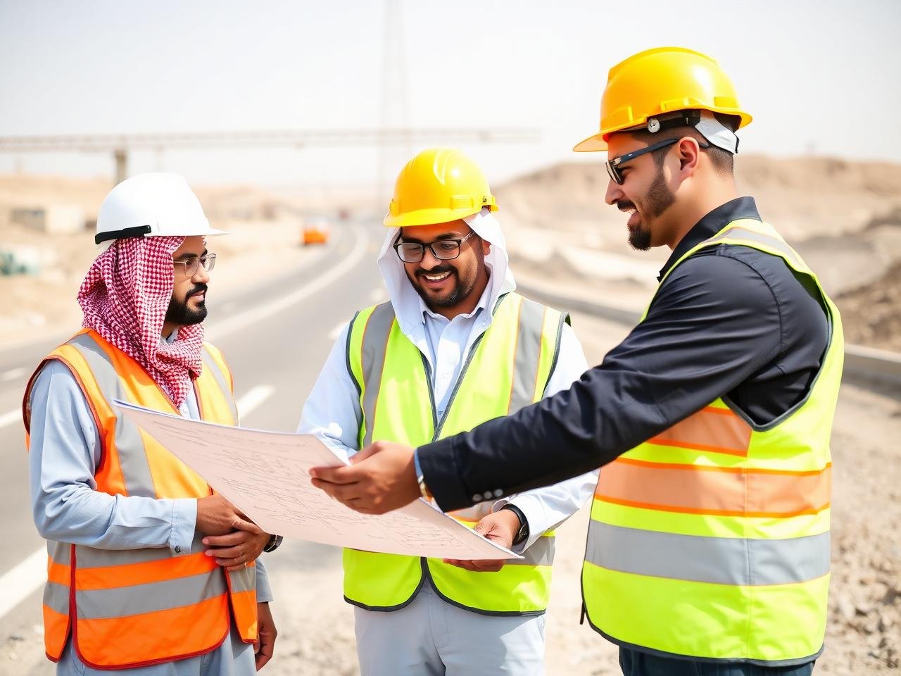 فريق هندسي يراجع مخططات مشروع طرق